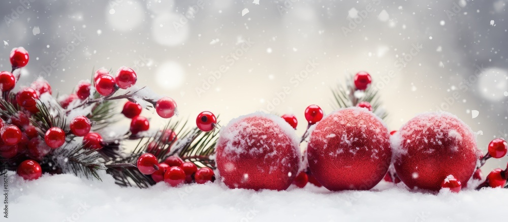 A visually appealing Christmas themed image featuring gifts colorful balls and festive branches creating a picturesque winter background Copy space image A visually appealing Christmas themed image featuring gifts colorful balls and festive branches creating a picturesque winter background Copy space image