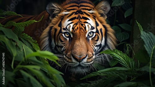 A tiger is looking at the camera in a jungle