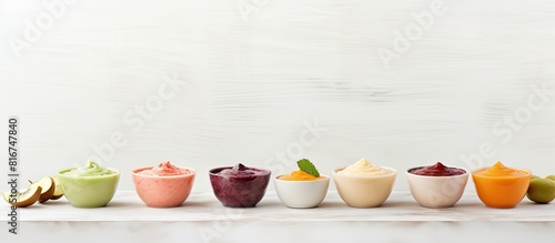A copy space image of a variety of pureed baby food displayed in clay bowls with ingredients on a white marble background photo