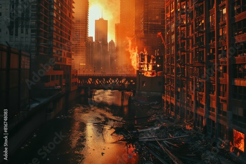 Urban disaster scene depicting a massive inferno engulfing buildings near a river at dusk