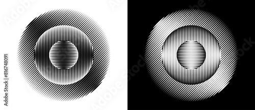 Transition parallel lines in circles. Abstract art geometric background for logo, icon, tattoo. Black shape on a white background and the same white shape on the black side. © Mykola Mazuryk