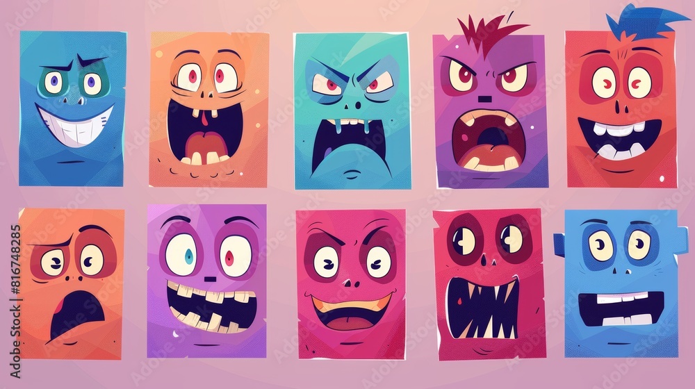 An illustration of funny cartoon monsters with different emotions, cartoon cartoons of angry people, happy people, crazy people and laughing people, modern illustration.