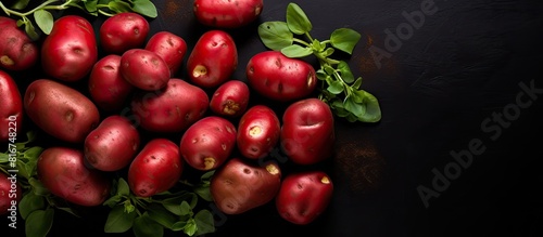 Top view image of a solitary cluster of red potatoes set against a black background and accompanied by ample copy space