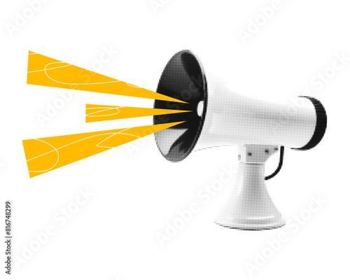 A cutout halftone collage. Loudspeaker with yellow beams of sound.