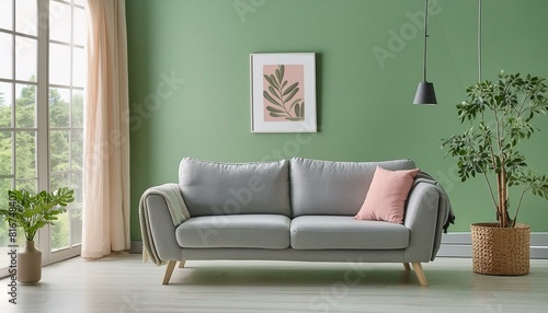 Modern living room with grey sofa and frame, green wall close up decoration in front of the window. 