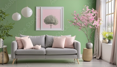 Modern living room with grey sofa and frame, green wall close up decoration in front of the window.  © Muzamil