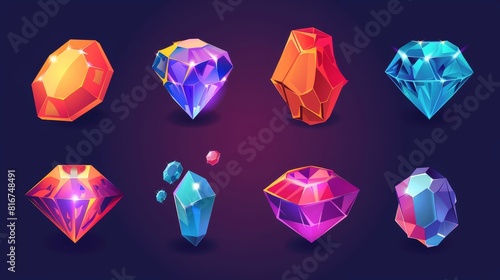 Diamond icon set for match three game with diamonds and jewels cartoon illustration. Ruby stone, sapphire, amethyst, and crystal buttons for fantasy app. Square treasure collection for bright photo
