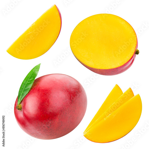 Isolated mango. Mango fruits and mango leaves isolated on white background with clipping path