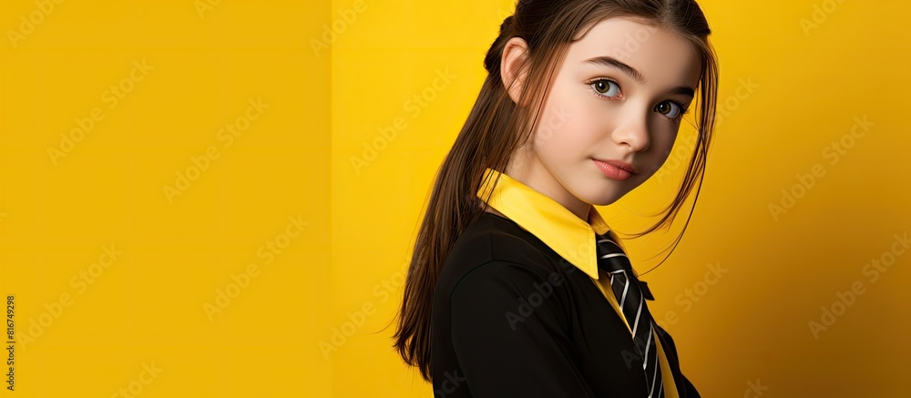 Stylishly dressed young girl in a school uniform against a yellow backdrop with room for writing. Copyspace image Stylishly dressed young girl in a school uniform against a yellow backdrop with room for writing. Copyspace image