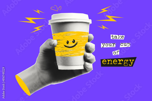 Halftone collage with hand that holds coffee. Banner for coffee shops. Take your cup of energy.