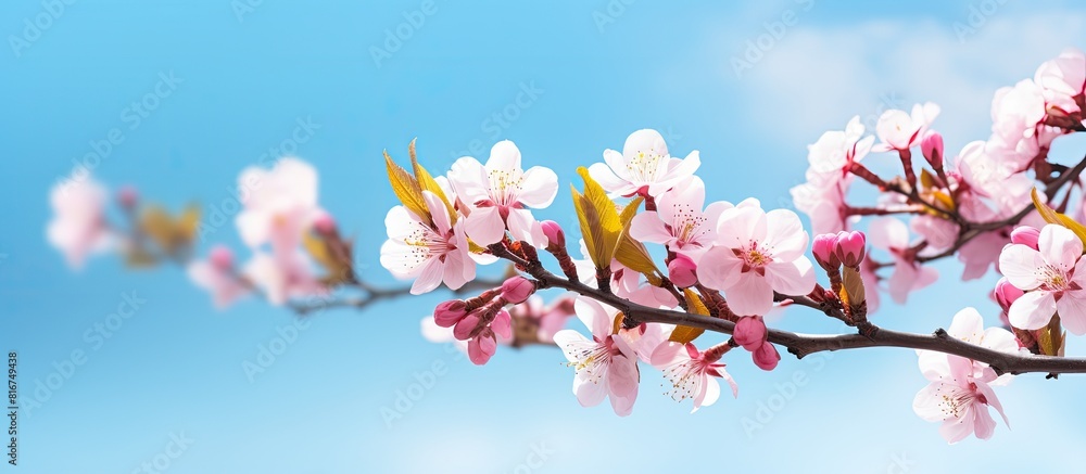 In spring a stunning almond tree bunch blooms against a blue sky creating a beautiful flower background for a banner with copy space image