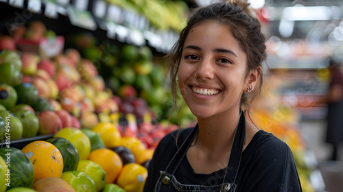 Smiling Hispanic female supermarket fruit section worker