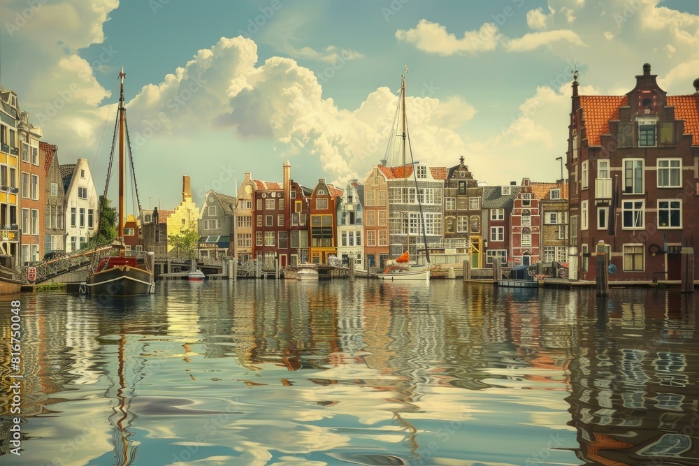 Fototapeta premium Scenic view of traditional dutch houses along a serene canal under a dramatic sky