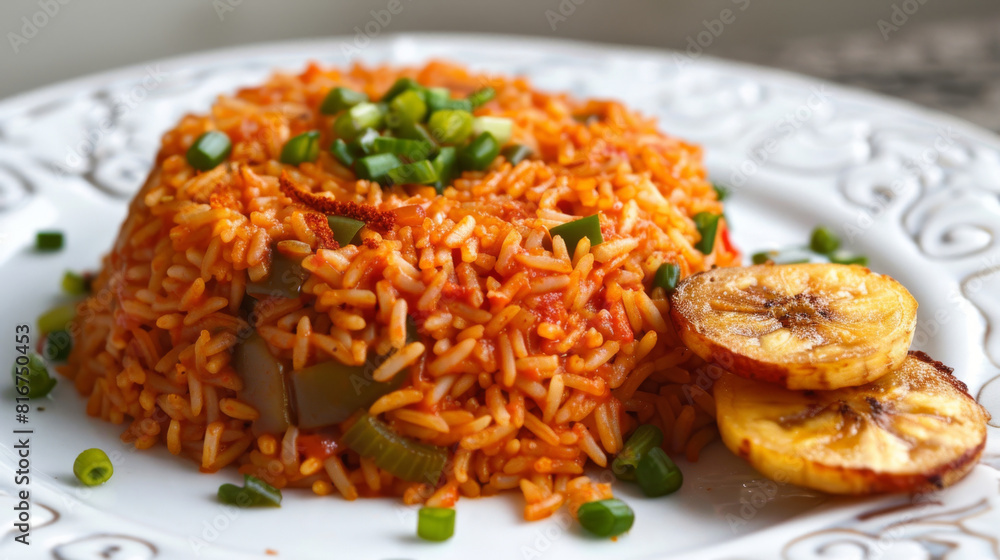 Traditional african jollof rice with fried plantains and green peas served on a white plate, showcasing authentic african cuisine Traditional african jollof rice with fried plantains and green peas served on a white plate, showcasing authentic african cuisine