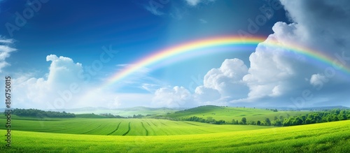 A picturesque countryside scene with a rainbow stretching across a rural field meadow The image depicts an agricultural landscape evoking a sense of the weather forecast concept Copy space image 156