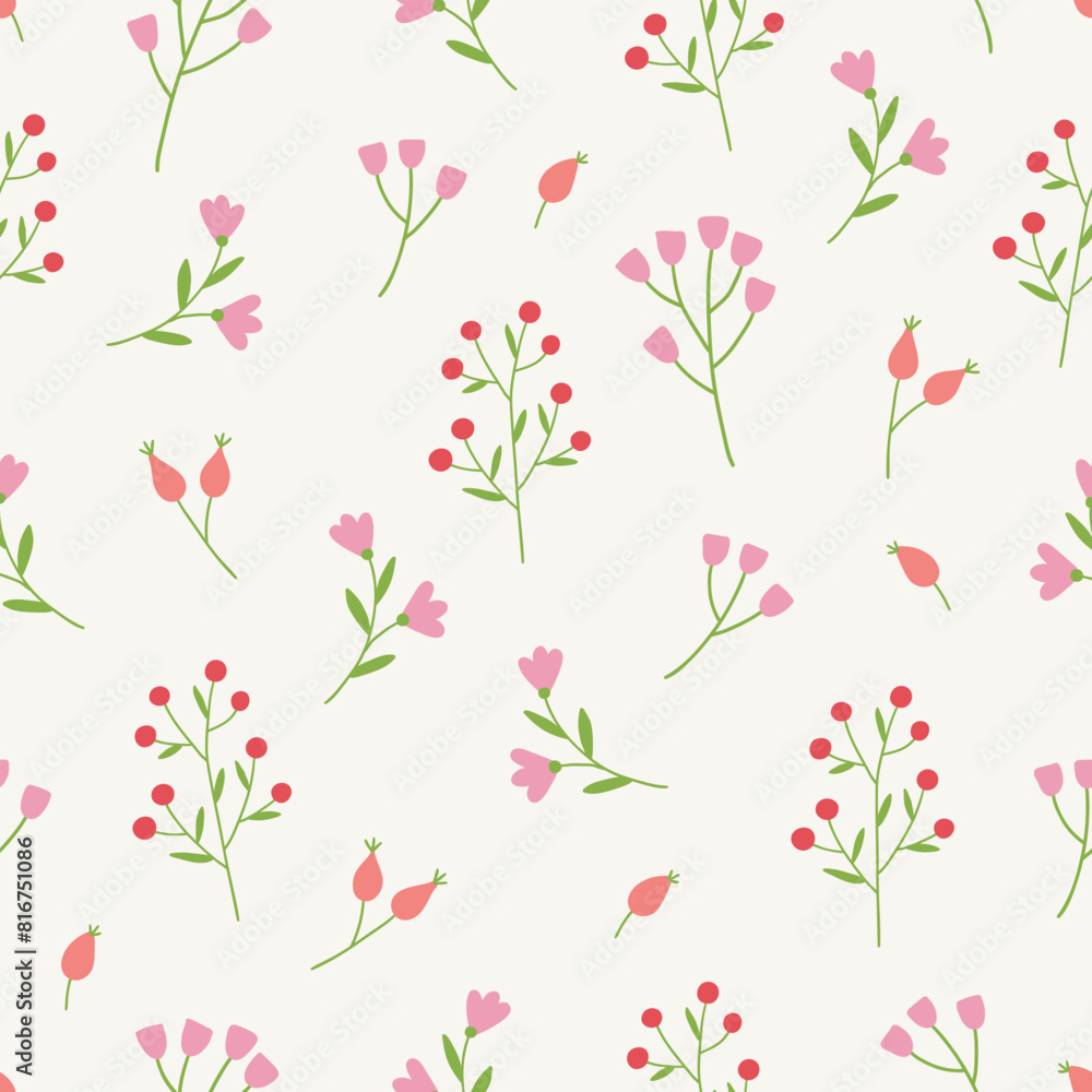 Floral seamless pattern with berries, flowers and briar. Vector illustration Floral seamless pattern with berries, flowers and briar. Vector illustration