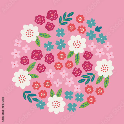 Floral greeting card with colorful blooming flowers and leaves