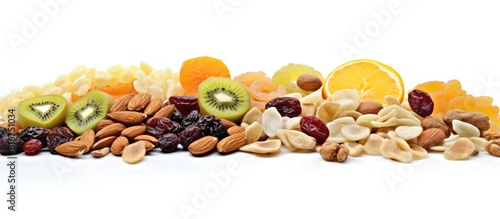 Muesli with dried fruits arranged on a white background with a clear area for adding text or images. Copyspace image photo