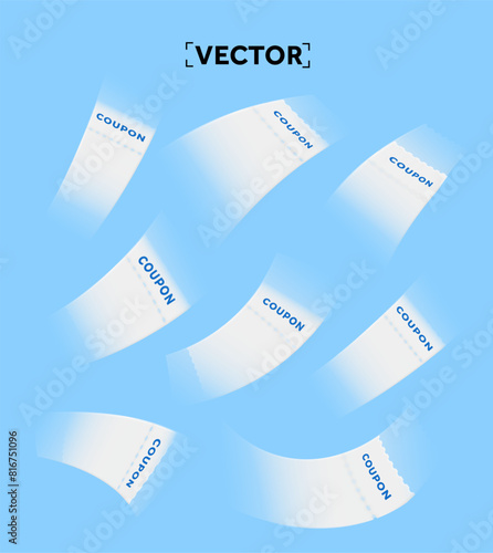 3d flying white coupons with motion blur, isolated on blue background. 3d voucher giveaway banner template. Vector illustration. Vector illustration