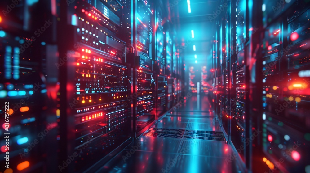 A high-tech data center, with rows of glowing servers for Top-Tier Data Processing.