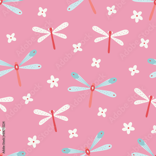 Floral seamless pattern with dragonflies and small white flowers