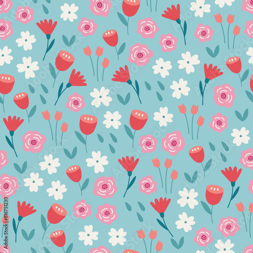 Floral seamless pattern with tulips, roses and small blooming flowers