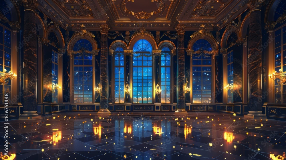 An interior design of a dark ballroom with large windows, many stars in ...