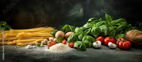 Ingredients for uncooked tagliatelle pasta include ground spinach powder and whole wheat flour as depicted in this copy space image