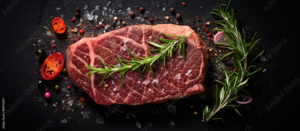 The raw rump steak has been prepared for cooking It is displayed on a black background seen from a top view leaving space for additional content