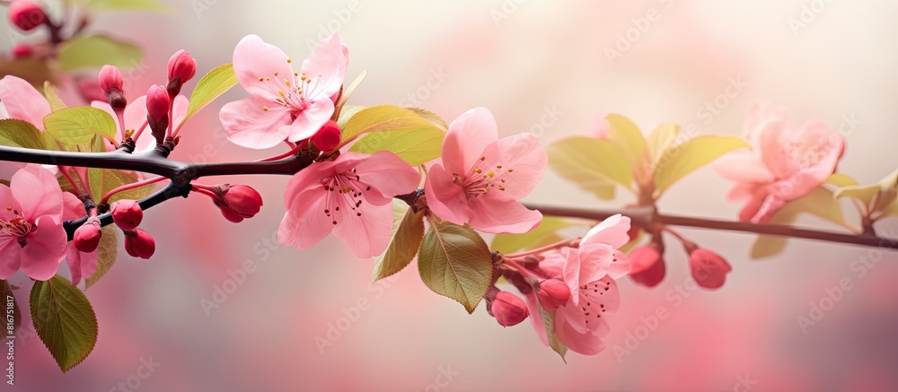 Springtime blossoming branch of an apple tree with fresh flowers and leaves creating a picturesque background Ideal for a copy space image in a garden setting Springtime blossoming branch of an apple tree with fresh flowers and leaves creating a picturesque background Ideal for a copy space image in a garden setting