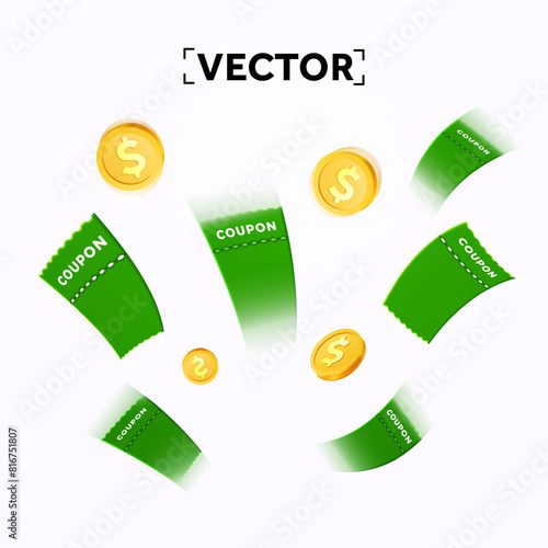 3d coupon flying up with motion blur and golden coins, isolated on white background. Voucher with coupon code giveaway banner template. 3d Vector illustration. Vector illustration