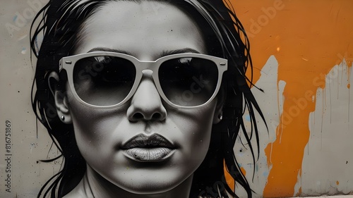 Stylish street graffiti with the face of a woman in sunglasses.