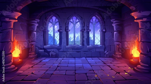 Castle cartoon scene at night. Mystic dungeon interior with windows  walls  and floor. View inside a fantasy palace corridor with symmetry inside.