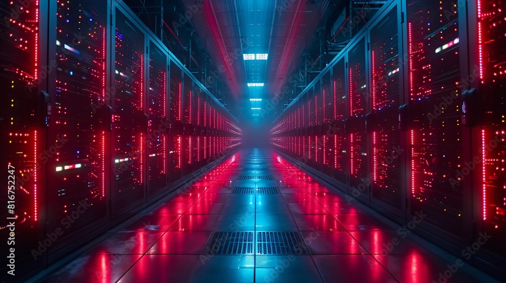 Abstract technology background of a futuristic server room with red and blue lights