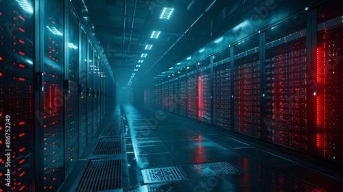 Abstract technology background of a futuristic server room with red and blue lights. © Tackey