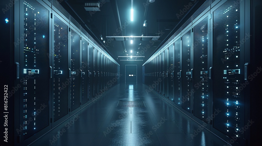 A dark and mysterious data center with rows of servers and a bright light at the end of the tunnel. A dark and mysterious data center with rows of servers and a bright light at the end of the tunnel.