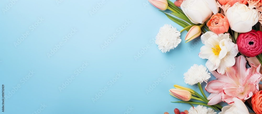A copy space image features a frame of artificial flowers against a blue background perfect for adding text A copy space image features a frame of artificial flowers against a blue background perfect for adding text