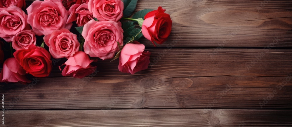 The copy space image features a beautiful arrangement of roses against a rustic wooden backdrop The copy space image features a beautiful arrangement of roses against a rustic wooden backdrop