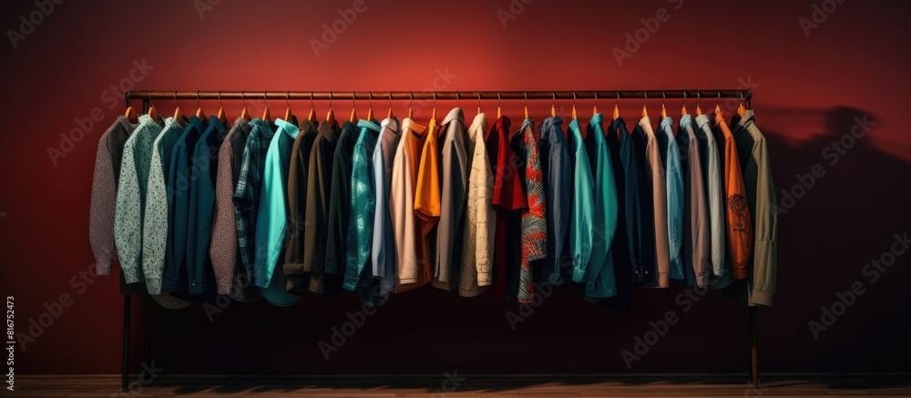 A rack of fashionable clothing positioned beside a well lit wall providing ample space for showcasing the garments Copy space image