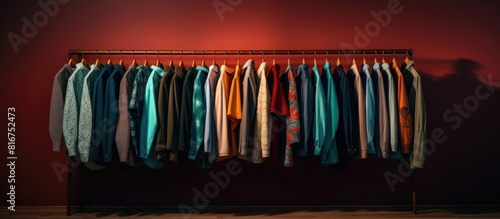 A rack of fashionable clothing positioned beside a well lit wall providing ample space for showcasing the garments Copy space image