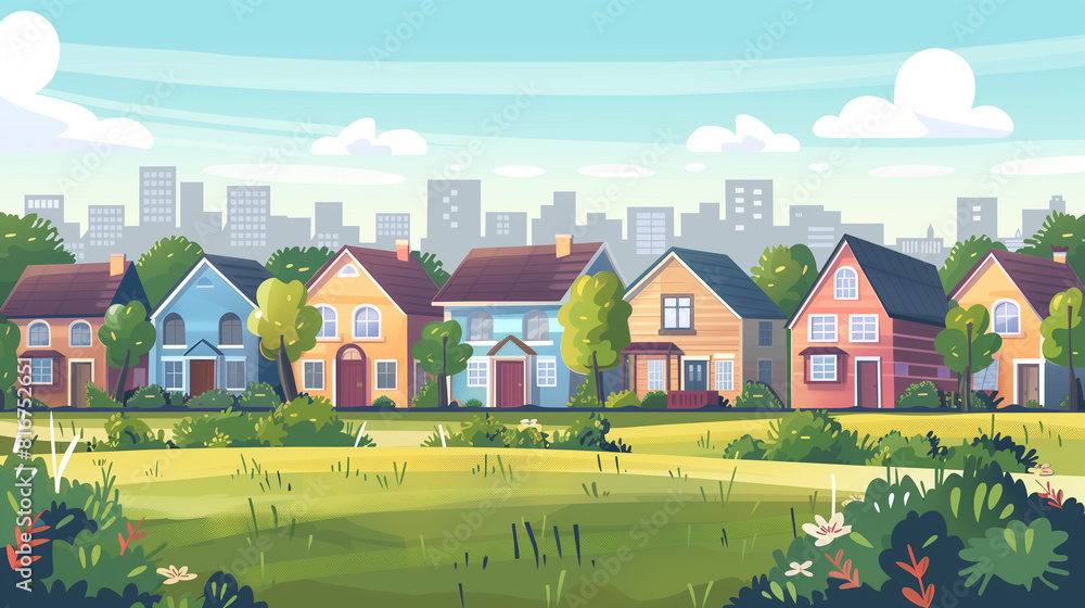 Cartoon Illustration of a Neighborhood With Houses and Trees Cartoon Illustration of a Neighborhood With Houses and Trees