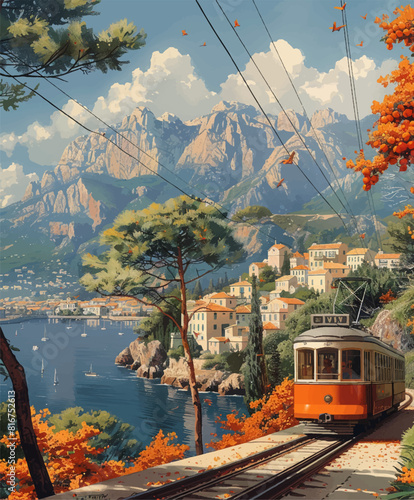 Vector illustration of tram on the coast with lake and mountain in the background
