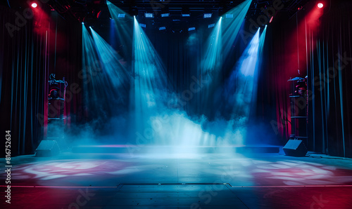 Empty stage with blue lighting  spotlight effects  and dark atmosphere  ideal for concert and event backgrounds Empty concert stage with illuminated neon glowing spotlights.