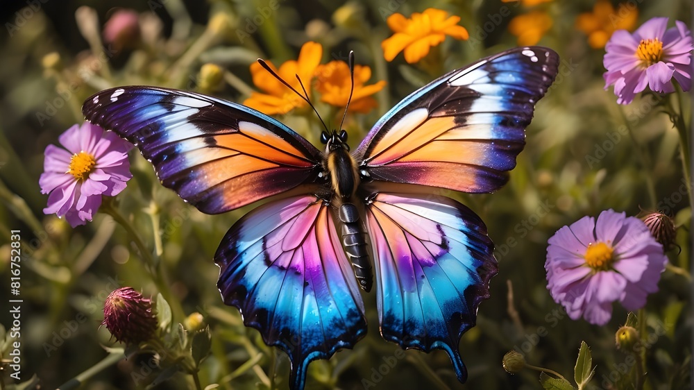 A stunningly vibrant butterfly with iridescent wings, gracefully fluttering through a field of wildflowers. A stunningly vibrant butterfly with iridescent wings, gracefully fluttering through a field of wildflowers.