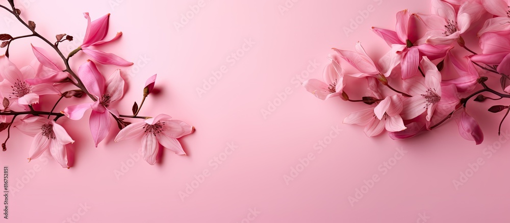 A delicate flower frame with pink petals on a pink background offers ample copy space for your images