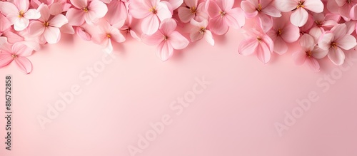 A delicate flower frame with pink petals on a pink background offers ample copy space for your images