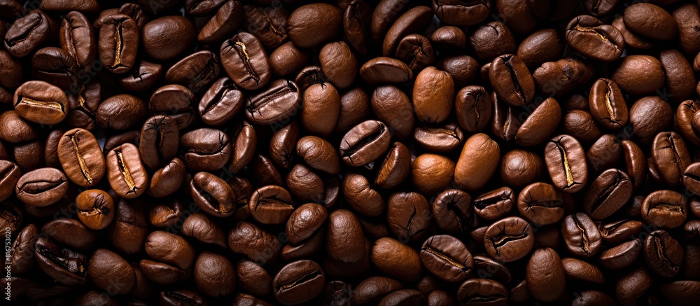Fototapeta premium Background of roasted dark coffee beans with copy space image