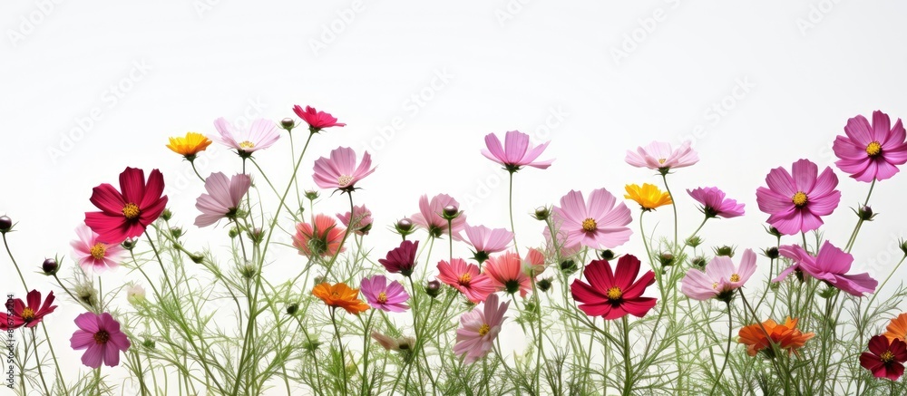Colorful cosmos flowers with green stems are in full bloom creating a beautiful display in the field With a white background this copy space image captures the vibrant essence of the meadow Colorful cosmos flowers with green stems are in full bloom creating a beautiful display in the field With a white background this copy space image captures the vibrant essence of the meadow