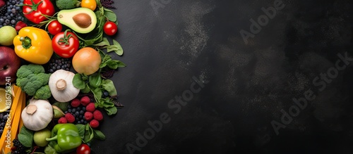Fototapeta Naklejka Na Ścianę i Meble -  A collection of healthy vegetables and fruits is displayed on a black cement or stone background offering a visually appealing copy space image from a top down perspective