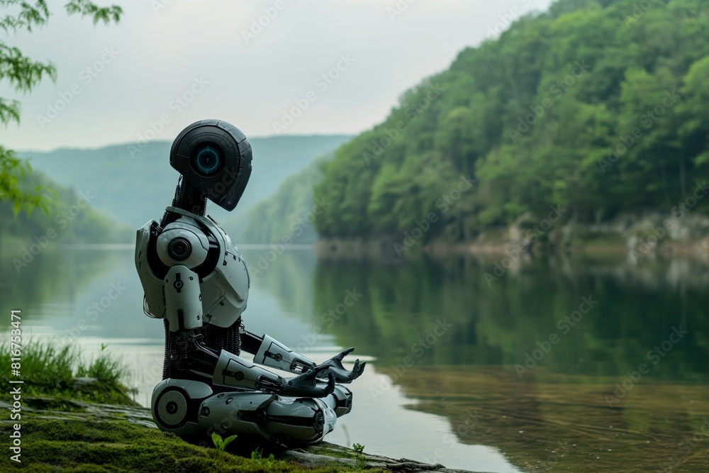 Humanoid robot sits peacefully by a tranquil lake, surrounded by lush forest scenery Humanoid robot sits peacefully by a tranquil lake, surrounded by lush forest scenery